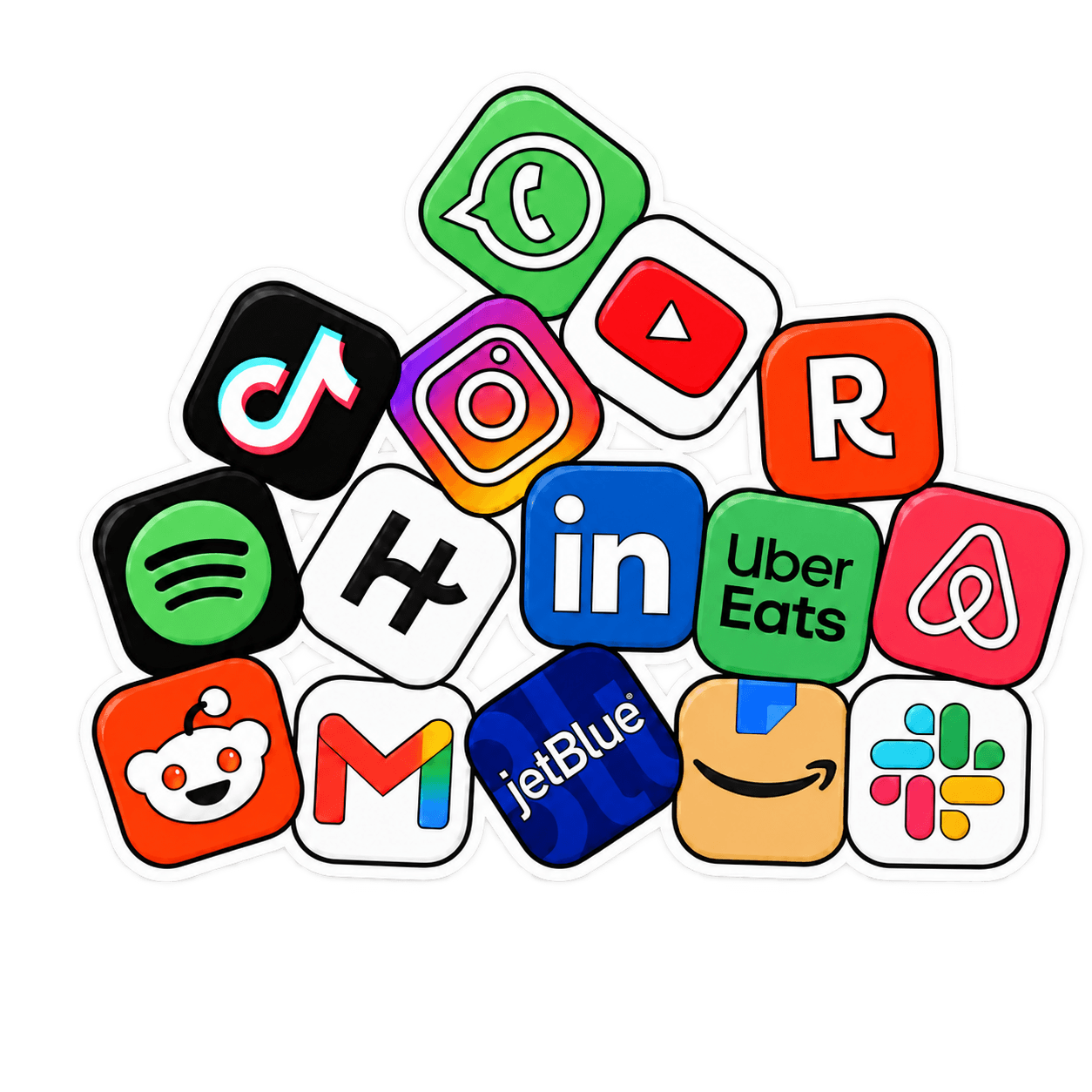 A pile of app stickers including Instagram, TikTok, WhatsApp, YouTube, Spotify, Uber Eats, and Airbnb.