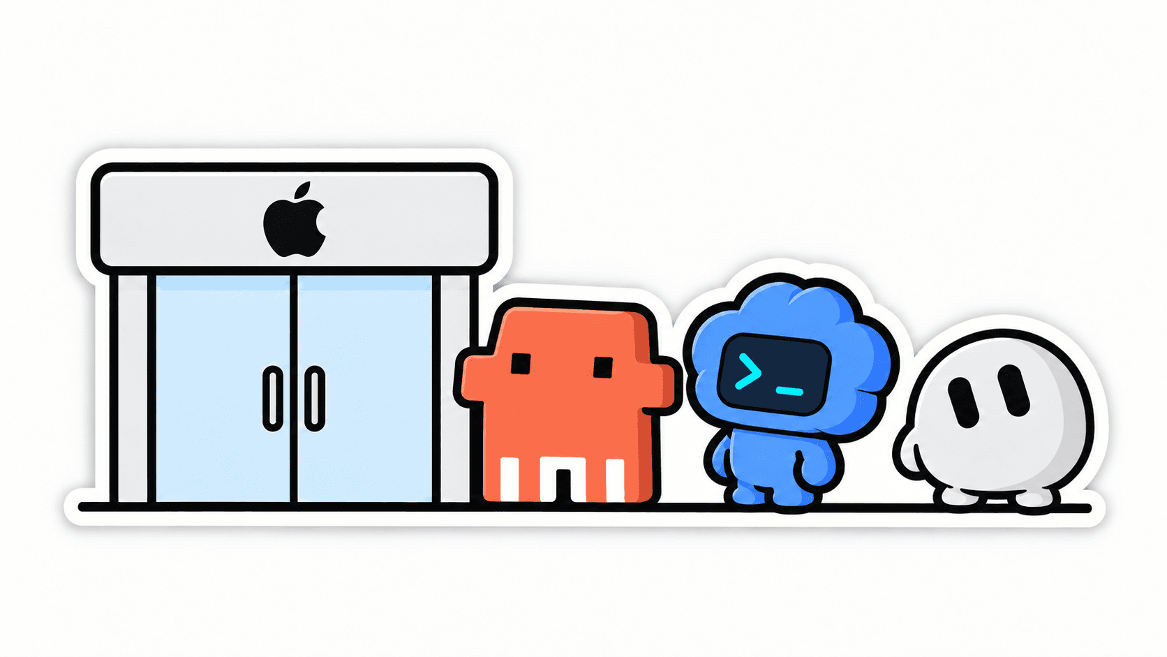 Clawd, the Codex robot, and Grok Bot lining up outside an Apple Store to get their iPhones.