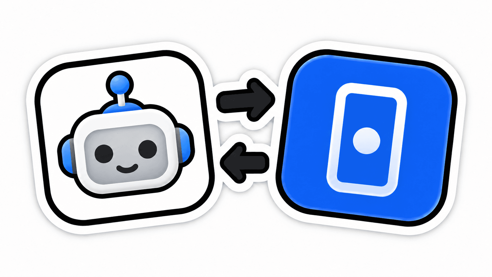 A friendly robot representing an AI agent, connected to the Tapkit app icon by two-way arrows.