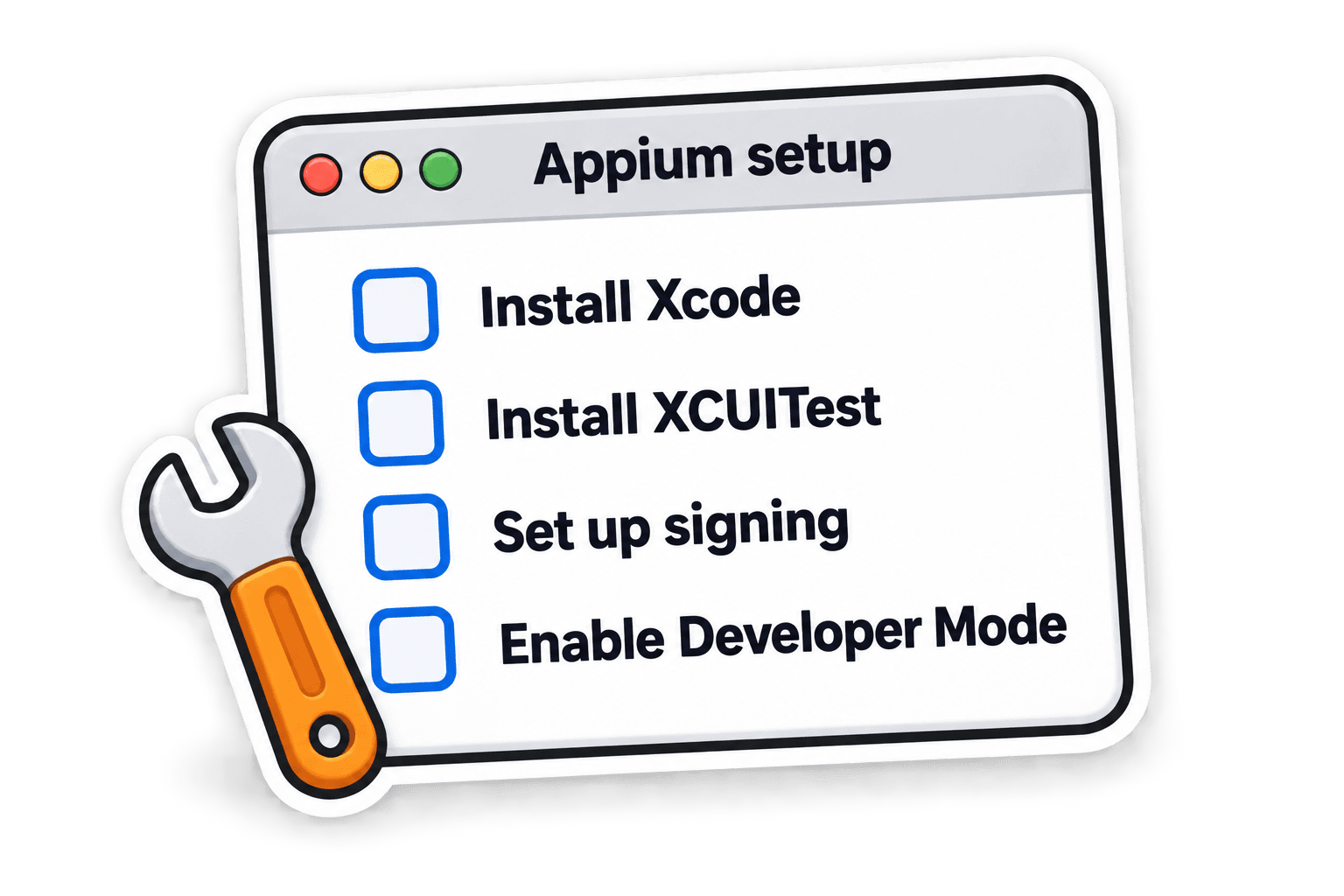 An Appium setup checklist: install Xcode, install XCUITest, set up signing, and enable Developer Mode.