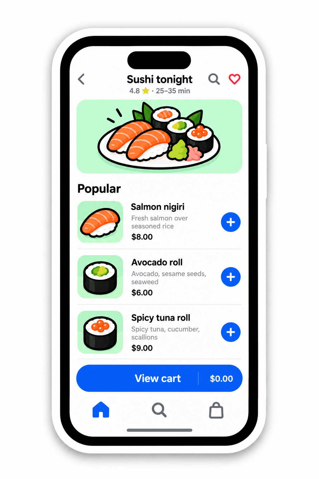 An iPhone showing Sushi tonight, a food-delivery menu with sushi dishes, prices, and add buttons.